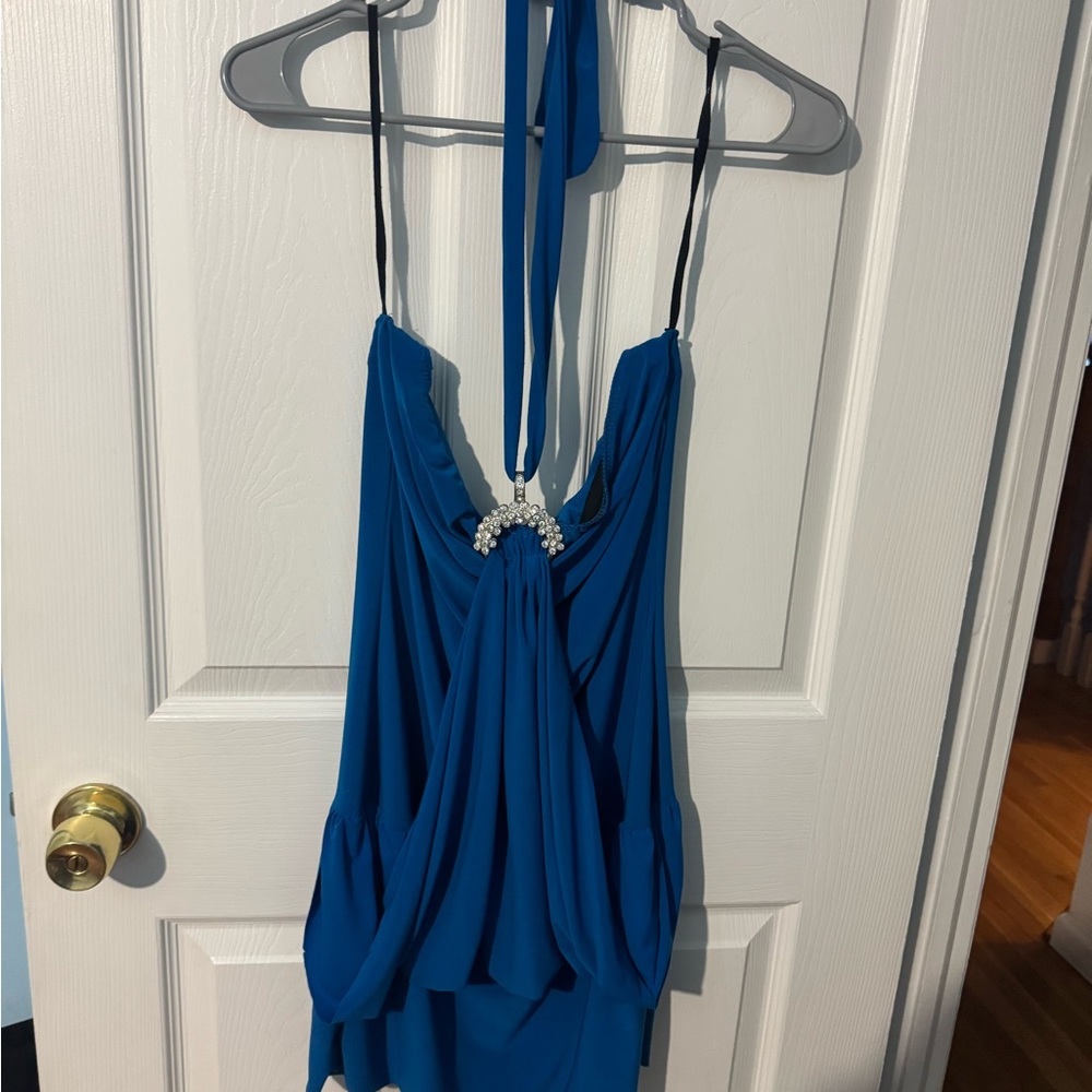 Elegant Blue Halter Dress with Embellishment
